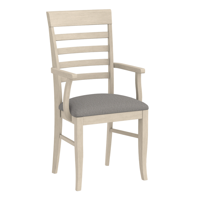 A wooden armchair with a ladder-back design and an upholstered seat, combining style and comfort for dining spaces.