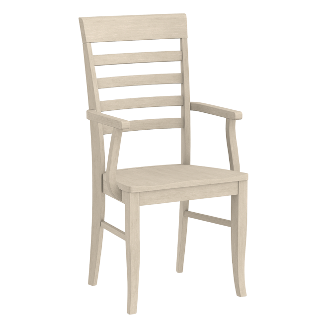A wooden dining chair with a ladder-back design and armrests, providing classic style and sturdy support for dining spaces.