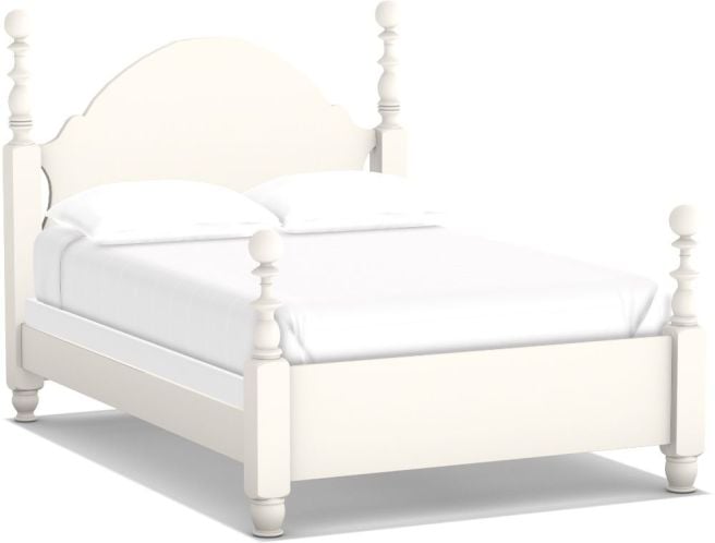 A handcrafted solid wood bed with turned posts and an arched headboard, designed for timeless elegance and lasting durability.