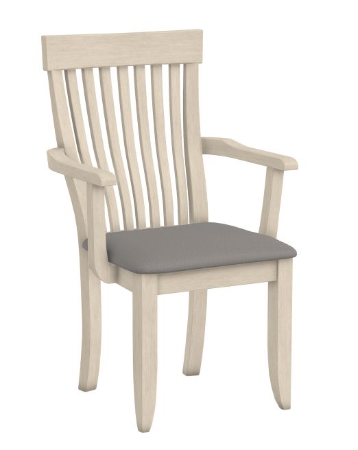 A handcrafted solid wood dining chair with an elegantly curved slat back and an upholstered seat for enhanced comfort.