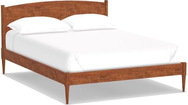 Solid cherry wood bed frame with a gently curved headboard and tapered legs, showcasing a mid-century modern silhouette