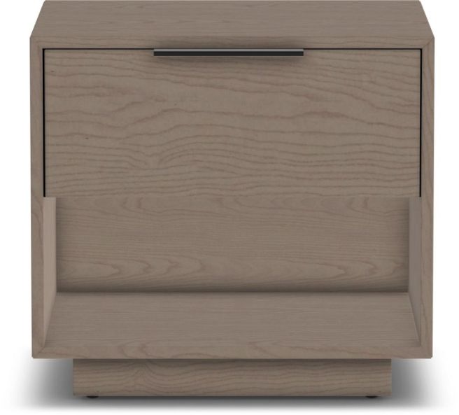 Modern wooden nightstand with a single drawer and an open shelf, finished in a light wood tone.