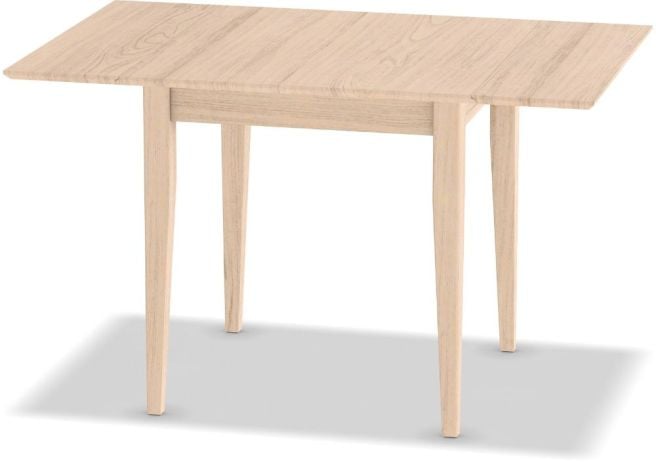 Solid wood drop-leaf table with a natural finish and tapered legs, perfect for compact dining spaces.