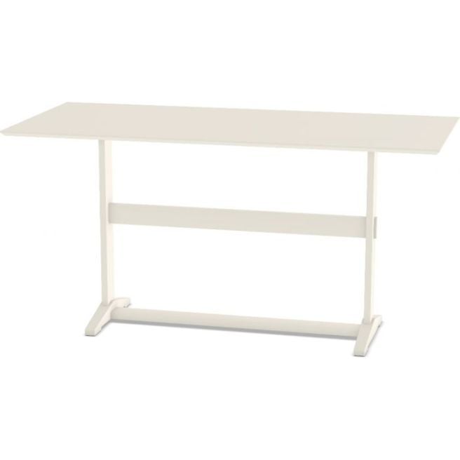 White pub height dining table with a modern rectangular top and a sturdy trestle base, perfect for contemporary dining or bar spaces.