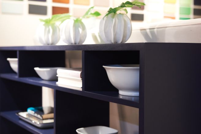purple painted floor shelf