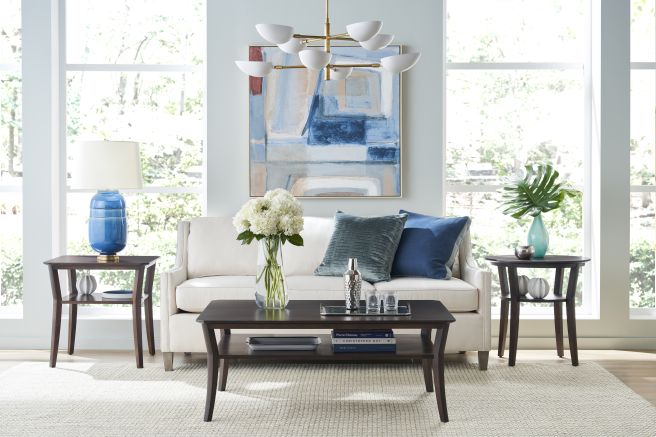 Modern dark wood coffee table with storage shelf, highlighted in a living room with a light color palette and blue accents.