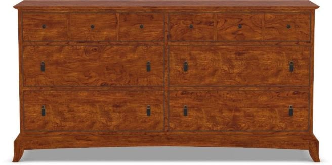 Nine-drawer wooden dresser made with real cherry wood, varied drawer sizes, and dark metal hardware.