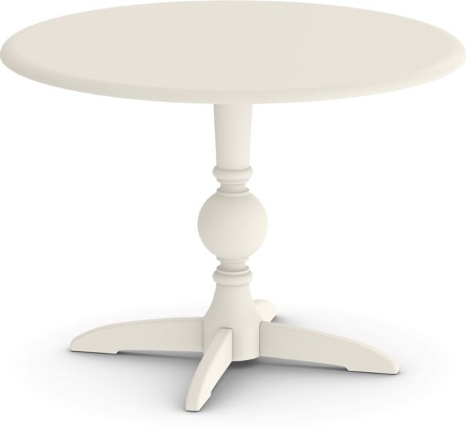 Classic round pedestal dining table in a hand-glazed white finish, featuring a timeless design with elegant curves