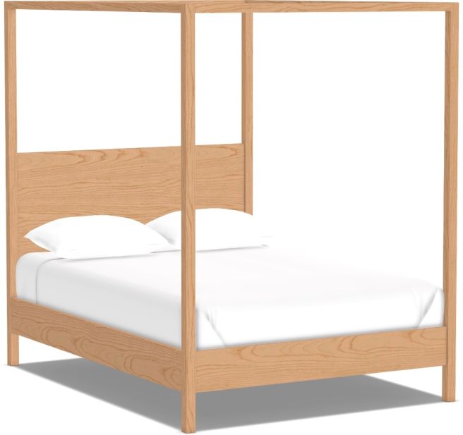 Simple wood canopy bed frame with clean lines and a minimalist design, displayed against a white background.