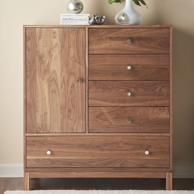 Solid walnut wood armoire-style dresser with five drawers and a tall cabinet, offering ample storage in a sleek modern design.