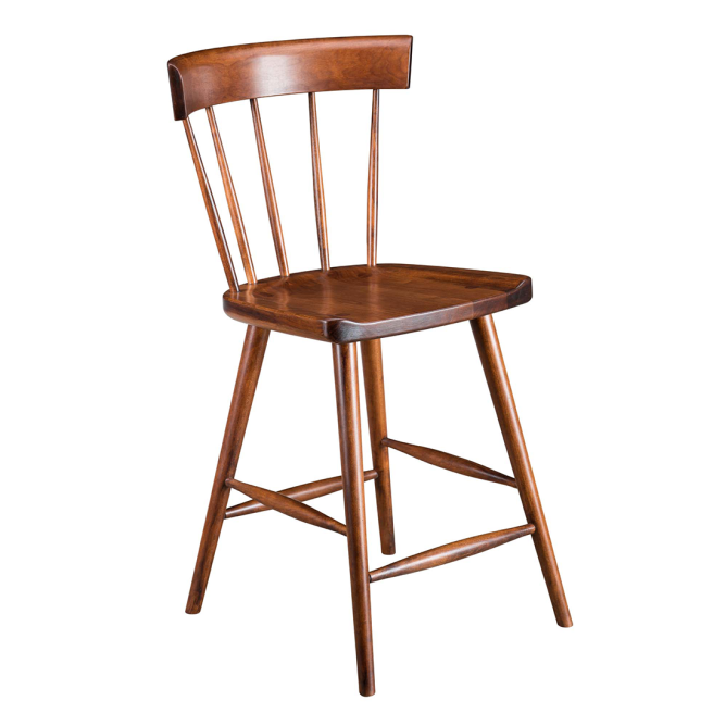 Classic wooden barstool featuring a contoured seat, spindle back, and tapered legs for a timeless look.