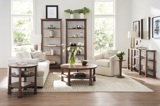 Craftsman-style wood living room furniture with clean lines, adding warmth to the living room decor.