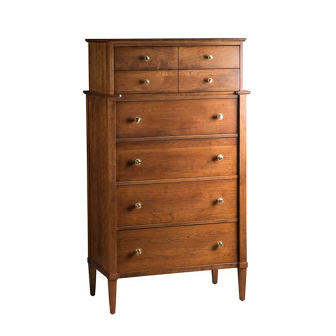 Solid wood highboy dresser with six spacious drawers and elegant brass hardware, featuring a classic design.