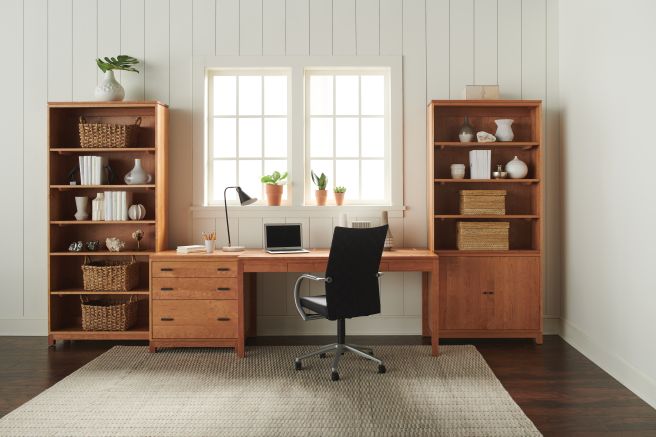 real wood bookcase with doors in an office with other  furniture crafted from Appalachian hardwood