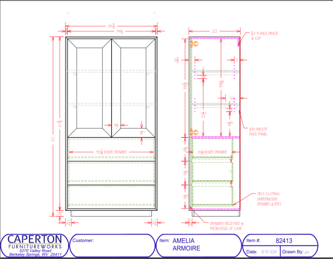 Drawings and dimensions for the Amelia Armoire