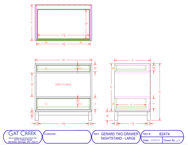 Drawings and dimensions for the Original Gerard Two Drawer Night Stand