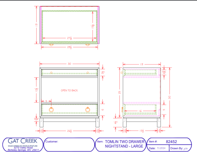 Drawings and dimensions for the large Tomlin Two Drawer Nightstand