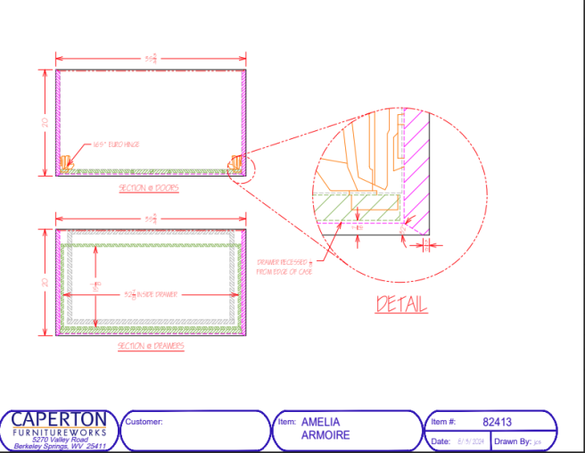 Drawings and dimensions for the Amelia Armoire