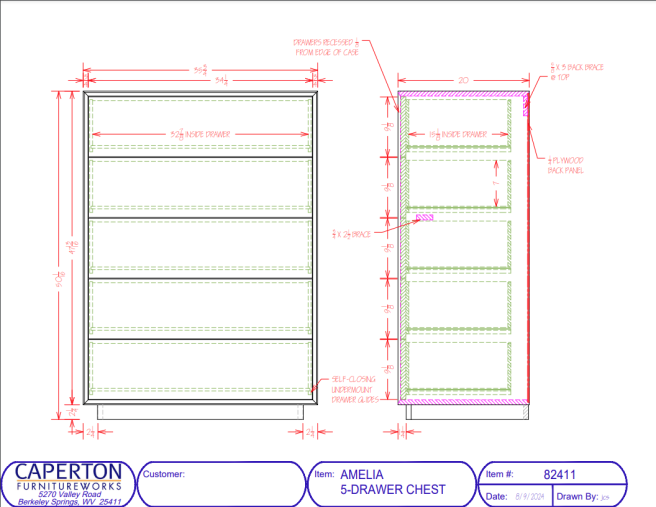 Drawings and dimensions for the Amelia Five Drawer Dresser