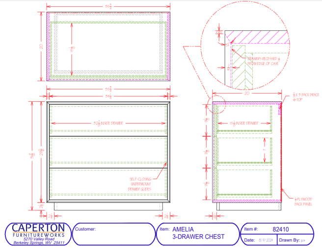 Drawings and dimensions for the Amelia Three Drawer Dresser