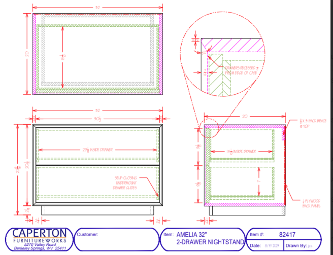 Drawings and dimensions for the Amelia Two Drawer Nightstand