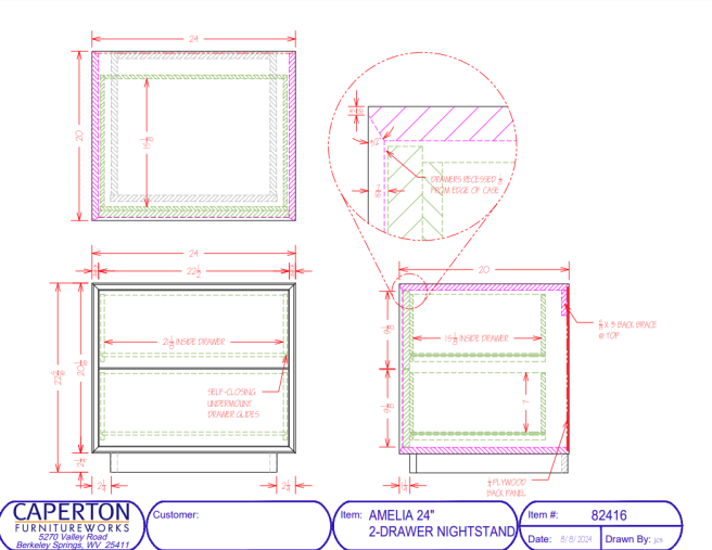 Drawings and dimensions for the Amelia Two Drawer Nightstand