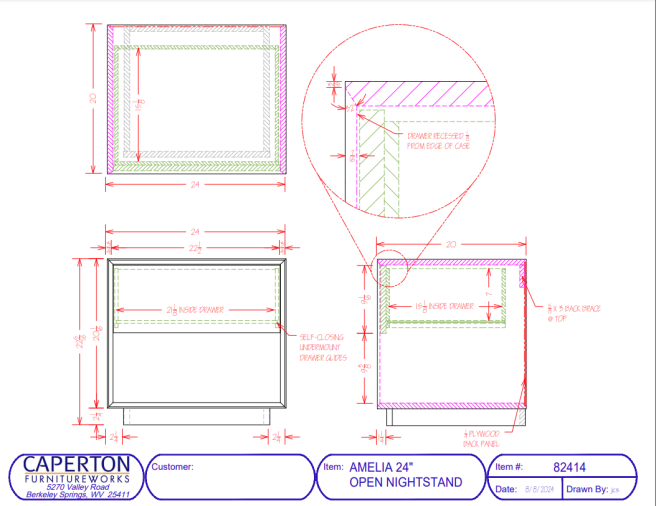 Drawings and dimensions for the Amelia Open Nightstand