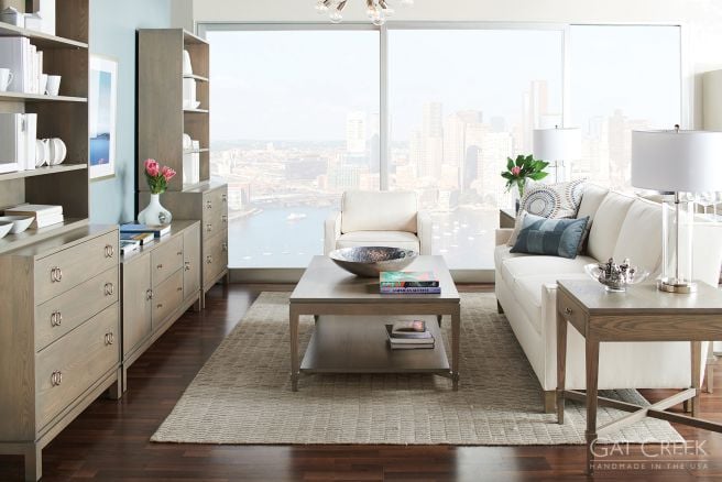 Modern living room with wood furniture, including open bookcases, low cabinets, and a square coffee table, set against a panoramic city skyline.