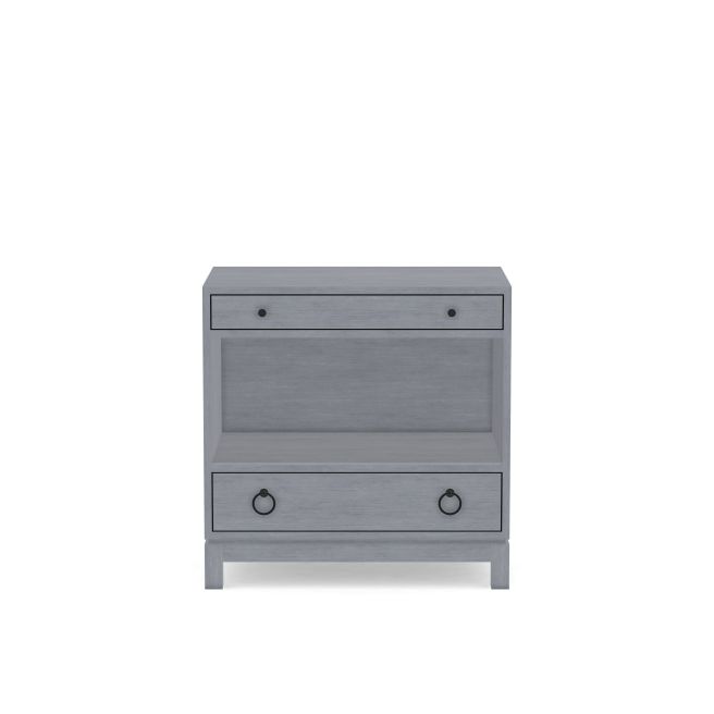 Minimalist gray bedside table featuring open shelving and ring pull handles.